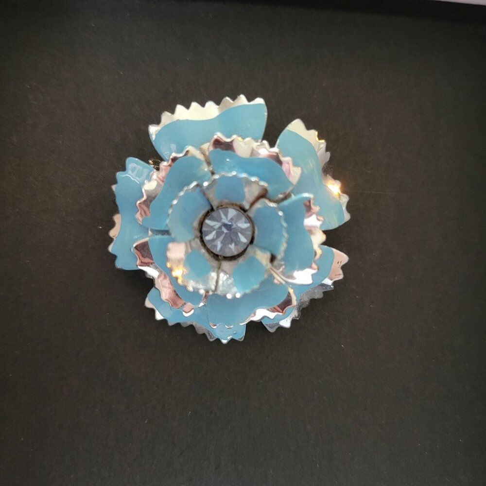 Vintage Blue Enamel Flower Brooch Pin With Rhinestone Center